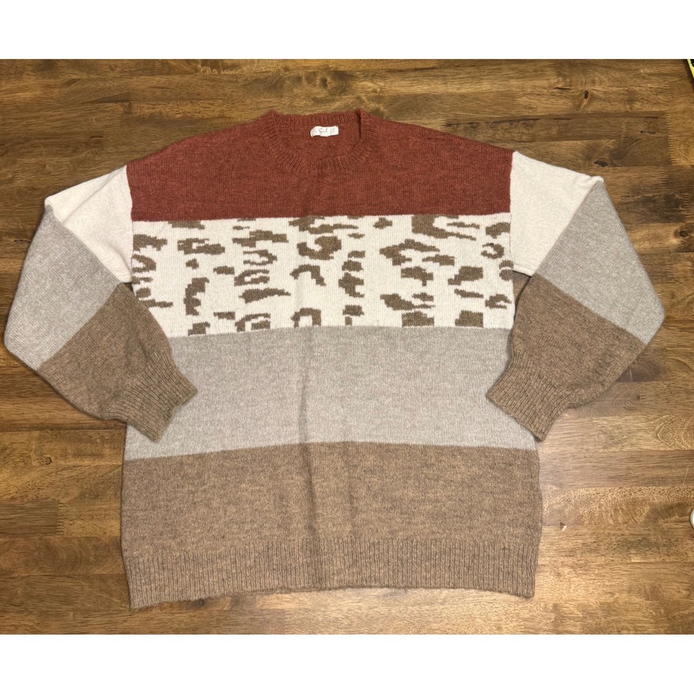 Easel Color Block Sweater Leopard Print Knit Pullover Brown Beige‎ Small